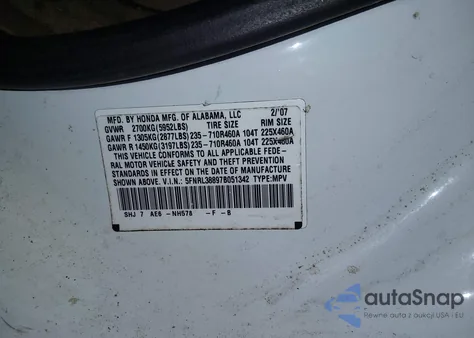 2007 Honda Odyssey Touring z USA, uszkodzony, nr VIN 5FNRL38897B051342